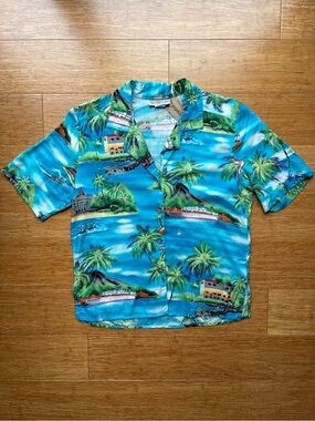 Vintage Notations Aqua Tropical Cruise Camp Shirt Sz SP